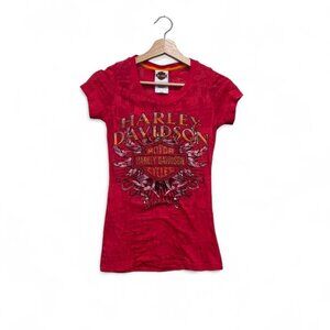 Y2K Harley Davidson Red Bling Tee XS Avalanche Denver Dealer